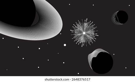 Stars and exoplanet in outer space. Futuristic landscape, with lines . Night landscape with starry sky .Vector illustration