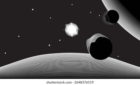 Stars and exoplanet in outer space. Futuristic landscape, with lines . Night landscape with starry sky .Vector illustration