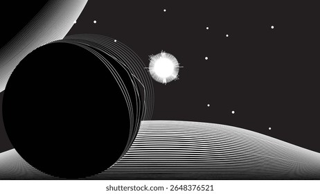 Stars and exoplanet in outer space. Futuristic landscape, with lines . Night landscape with starry sky .Vector illustration