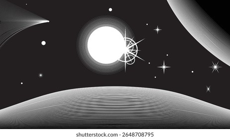 Stars and exoplanet in outer space. Futuristic landscape, with lines . Night landscape with starry sky .Vector illustration
