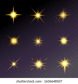Stars explodes on transparent background. Sparkling magic dust particles. Brights Stars. Vector sparkles. To center a bright flash.