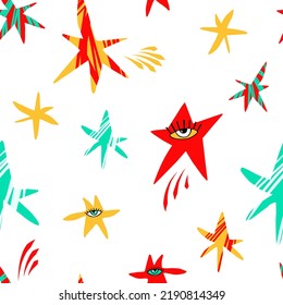 Sterne und Augen nahtloses Muster. mehrfarbiger abstrakter Hintergrund. Kinder zeichnen. Zum Bedrucken auf Stoff und Papier. Vektorgrafik.