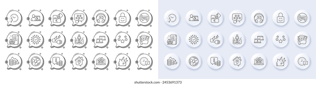 Stars, Fake news and Select alarm line icons. White pin 3d buttons, chat bubbles icons. Pack of Security network, Info, Property agency icon. Vector