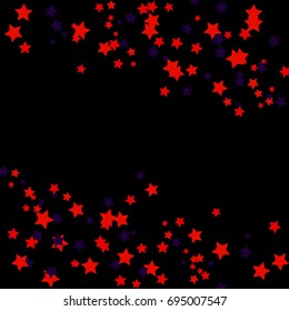 Stars Falling Confetti Print. Vector Background for Birthday Party, Celebration.  Dark Background With Blue  And Red Stars.