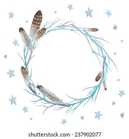 Stars and feathers wreath. Watercolor winter branches wreath with feathers and stars. Hand drawn vector frame