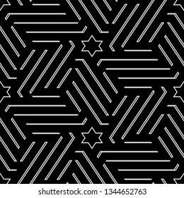 Stars, figures, lines ornament. Ethnic backdrop. Star, polygonal, linear shapes wallpaper. Folk background. Mosaics motif. Abstract. Seamless pattern. Vector.