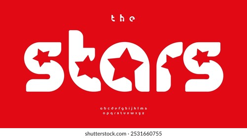 Stars filled bold alphabet, playful retro font design for celebrity symbols, striking contemporary branding, creative design, entertainment industry logo or headline. Vector typeset