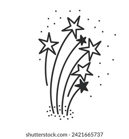 Stars of fireworks flying upward with trail of sparks line icon. Thin black outline silhouette of sparkles explosion to celebrate carnival party, firework display monochrome icon vector illustration