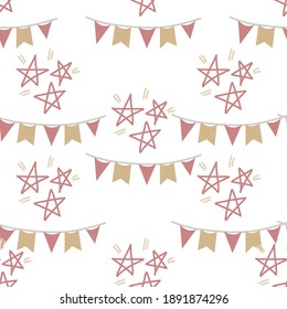 Stars and flag garlands seamless pattern for decoration of invitations, greeting cards, birthday party posters. Vector illustrations