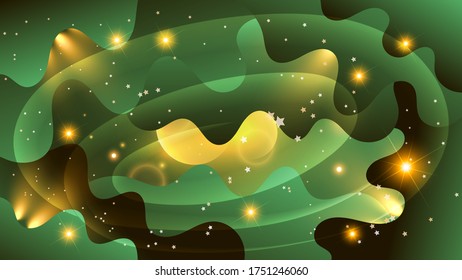 stars, flashes and rays of light among overlapping green-black abstract shapes with wavy edges. art wallpaper. vector