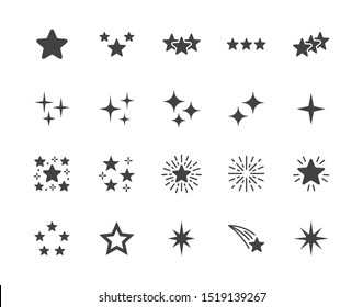 Stars flat glyph icons set.  Black signs for glossy material property. Silhouette pictogram pixel perfect.