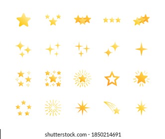 Stars flat glyph icons set. Starry night, falling star, firework, twinkle, glow, glitter burst vector illustrations. Gold yellow gradient signs for glossy material property. Silhouette pictogram.