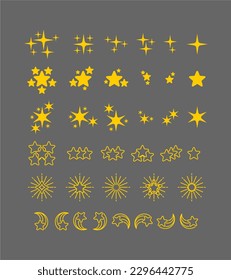 Stars flat line icons art set. Starry night, falling star, firework, twinkle, glow, glitter burst vector illustrations. Outline signs for glossy material property. Pixel perfect. Editable LogoStrokes.