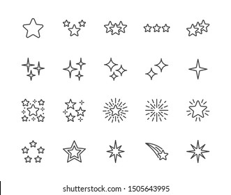 Набор иконок звезды плоская линия. Звездная ночь, падающая звезда, фейерверк, мерцание, свечение, блеск, блеск, векторные иллюстрации. Контурные знаки для свойства глянцевого материала. Идеальный пиксель. Редактируемые штрихи.