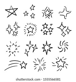 Stars flat line icons set hand drawn. Starry night, falling star, firework, twinkle, glow, glitter burst vector illustrations. Outline signs for glossy material property. Pixel perfect.