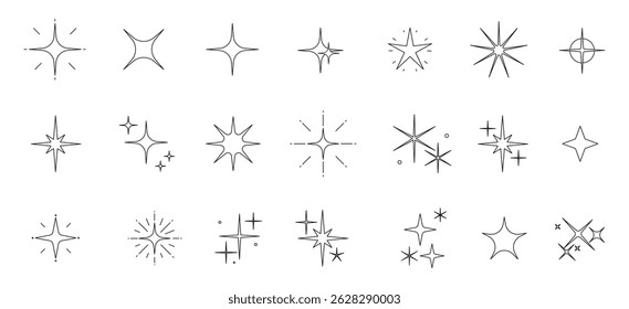 Stars flat line icons set. Starry night, falling star, firework, twinkle, glow, glitter burst vector illustrations. Outline signs for glossy material property. Pixel perfect. Editable Strokes.
