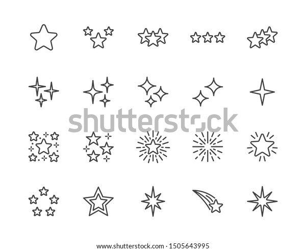 Stars\
flat line icons set. Starry night, falling star, firework, twinkle,\
glow, glitter burst vector illustrations. Outline signs for glossy\
material property. Pixel perfect. Editable\
Strokes.