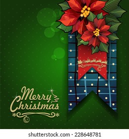 Stars flowers Christmas Card with label and green background-With space to insert your own text-Transparency blending effects and gradient mesh-EPS 10