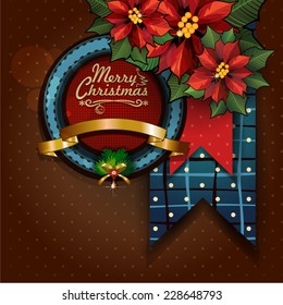 Stars flowers Christmas Card with label and brown background-With space to insert your own text-Transparency blending effects and gradient mesh-EPS 10