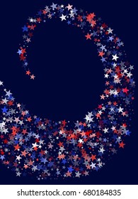 Stars flying spiral in colors of USA flag, background with red, blue and white pattern. Independence Day celebration backdrop with stardust curl of american flag colors.