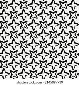 Stars are four-pointed in vector seamless pattern. Same shapes of black stars.