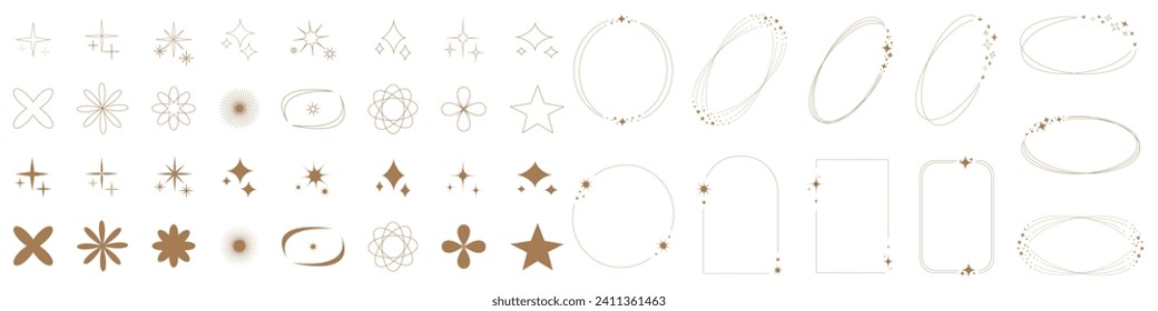 Stars with Frame in modern minimalist design. Star collection. Frame with stars line elements. Trendy linear frames with stars in different geometric forms. Boho design