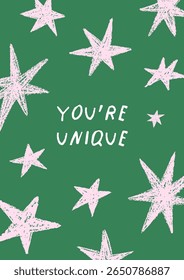 Stars, framed poster background. Modern doodle-style card with inspirational phrase, lettering and sparkle, starry pattern, trendy postcard design with handwriting typography. Flat vector illustration
