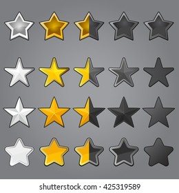Stars for game interface, gold, gray silver and non-active, cartoon game web button elements. Vector