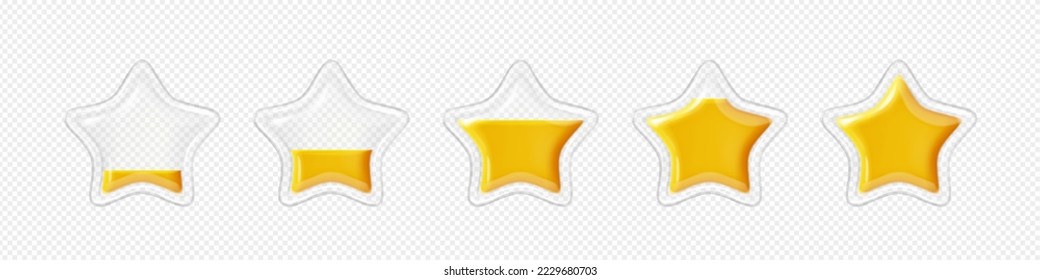 Stars game score filling animation frame from empty to full row. Ui or gui rate yellow golden glossy assets for app user interface and display, winner achievement, bonus Cartoon vector illustration