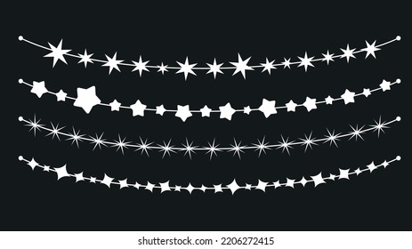 Stars garlands set. Different star on ropes or strings, festive holidays decorative vector elements. Christmas or birthday party, anniversary graphic simple set