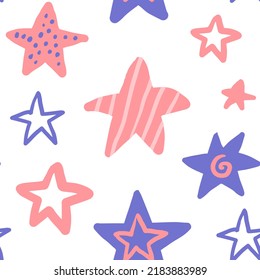Stars girly festive hand drawn seamless pattern. Endless girlish cute print. Girly vector illustration. Greeting magical ornament with cute lavender colors