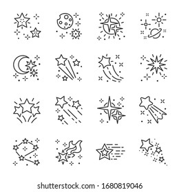 Stars, glitter, icon set. Constellation, five pointed star and sparkles, linear icons. Line with editable stroke