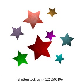 Stars glitter pattern white background. Different textures and colours. Christmas decoration, confetti. Symbol of holiday
