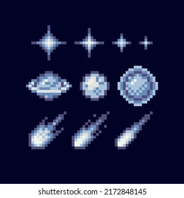 Stars, glitter,sparkles. Starry sky pixel art set. Space shining object collection. 8 bit sprite. Game development, mobile app.  Isolated vector illustration.