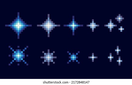 Stars, glitter,sparkles. Starry sky pixel art set. Space shining object collection. 8 bit sprite. Game development, mobile app.  Isolated vector illustration.