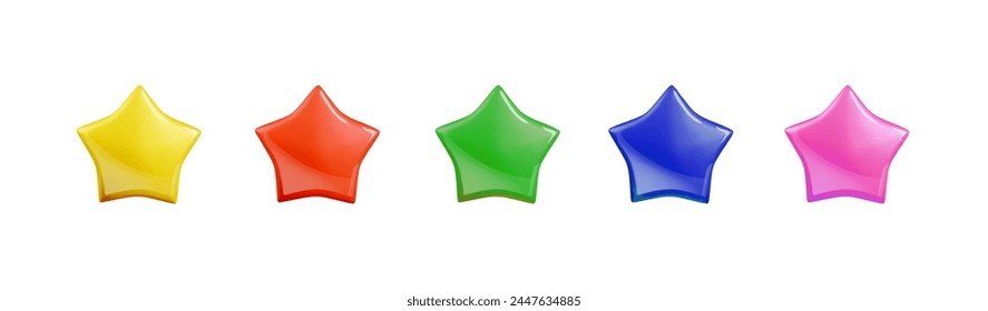 Stars, glossy various colors. Feedback, rating icon Realistic 3d set. For mobile applications. Vector isolated illustration