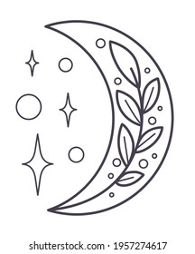Stars and glowing with crescent moon, isolated icon of magical symbol. Decorative flora or botany used for spells. Magic and witchcraft. Tattoo sketch. Colorless line art, vector in flat style