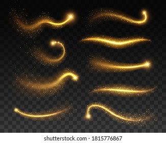 Stars with glowing golden sparkles, vector light effects on transparent background. Bright shining glitter sparks of gold stars with waves of sparkling dust trail, Christmas, magic or space themes