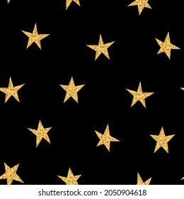 stars gold glitter pattern.Gold glittering stars pattern.Seamless pattern with gold glitter textured stars on black. Abstract bright gold design for wallpapers, Christmas decorations, textiles, wraps.