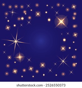 estrelas dourado, brilho claro, efeito cintilante geow brilho textura da lente e fundo azul escuro, bokeh brilho brilho brilhante luz estrelar decoração