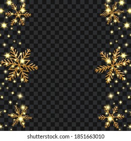 Estrellas y copos de nieve dorados, aislados en fondo transparente, ilustración vectorial.