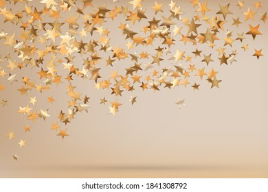 Stars golden glitter confetti isolated on blurred abstract beige background. Festive holiday background. Celebration concept. Falling magic gold  particles. Invitation mock up. Top view, flat lay.
