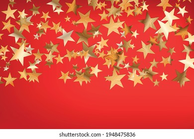Stars golden glitter confetti isolated on blurred abstract red background. Festive holiday background. Celebration concept. Falling magic gold  particles. Invitation mock up. Top view, flat lay.