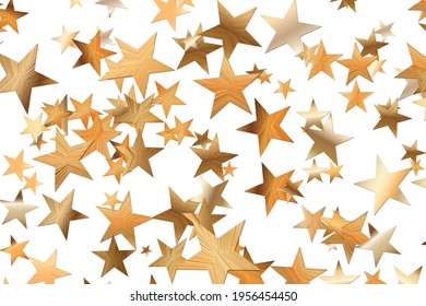 Stars golden glitter confetti isolated on white background. Festive holiday background. Celebration concept. Falling magic gold particles. Invitation mock up. Copy space.