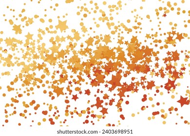 Stars golden glitter confetti isolated on blurred abstract white background. Festive holiday background. Celebration concept. Falling magic gold  particles. Invitation mock up. Top view, flat lay.