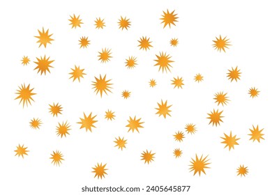 Stars golden glitter confetti isolated on blurred abstract white background. Festive holiday background. Celebration concept. Falling magic gold  particles. Invitation mock up. Top view, flat lay.