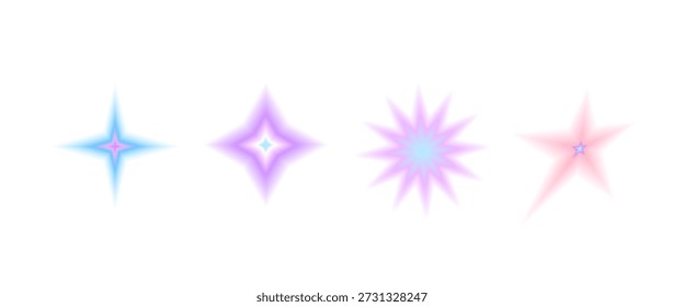 Stars gradient y2k icon figures. Blur aura gradation sparks shapes. Blinks pastel colors transparent forms. Vector blend smooth dissolved starburst elements collection isolated.