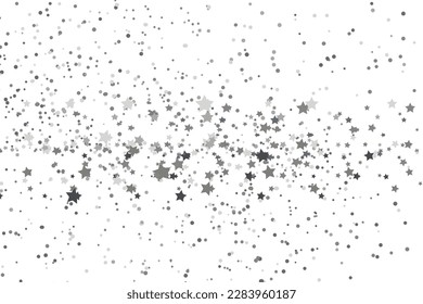 Stars grey glitter confetti isolated on blurred abstract white background. Festive holiday background. Celebration concept. Falling magic gold  particles. Invitation mock up. Top view, flat lay.