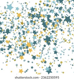 Stars grey glitter confetti isolated on blurred abstract white background. Festive holiday background. Celebration concept. Falling magic gold  particles. Invitation mock up. Top view, flat lay.