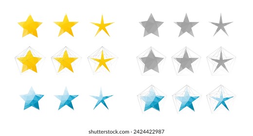 Stars, a group of low poly icons in the shape of different stars in grey, blue and yellow. Set of colorful vector pictograms